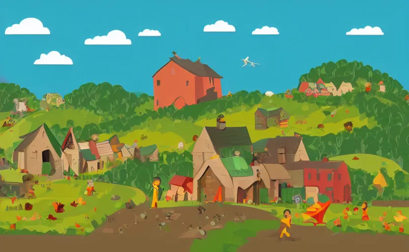 Prompt: some villagers busy farming in a small village in a valley, a dragon approaching from a distance, vector, storybook, gouache, flat, sharp edges, concept art, print