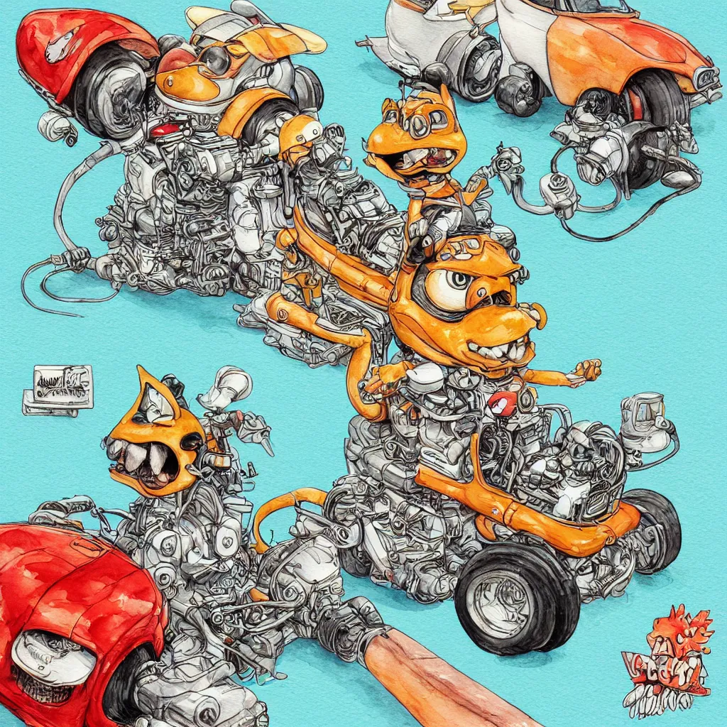 Image similar to cute and funny, squirrel wearing a helmet riding in a hot rod with oversized engine, ratfink style by ed roth, centered award winning watercolor pen illustration, isometric illustration by chihiro iwasaki, edited by range murata, tiny details by artgerm and watercolor girl, symmetrically isometrically centered, sharply focused