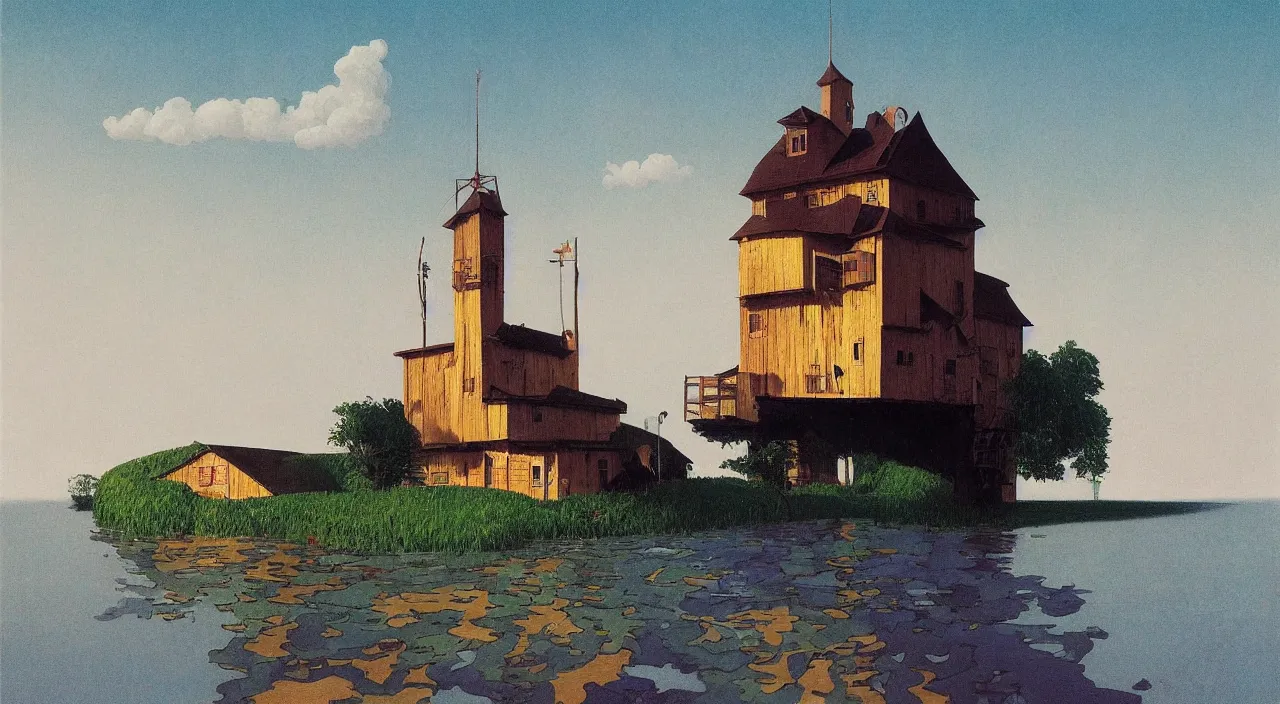 Image similar to single flooded simple wooden tower, very coherent and colorful high contrast!! masterpiece by rene magritte simon stalenhag carl spitzweg syd mead norman rockwell edward hopper james gilleard, minimalist, dark shadows, sunny day, hard lighting