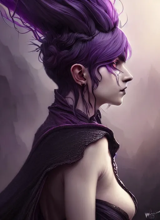 Image similar to side portrait dark witch, adventurer outfit large cloak, fantasy forest landscape, dragon scales, fantasy magic, undercut hairstyle, short purple black fade hair, dark light night, intricate, elegant, sharp focus, illustration, highly detailed, digital painting, concept art, matte, art by WLOP and Artgerm and Greg Rutkowski and Alphonse Mucha, masterpiece