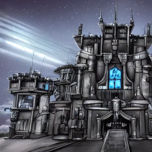 Prompt: photo of a futuristic metal castle with machine guns and rocket launchers on the walls