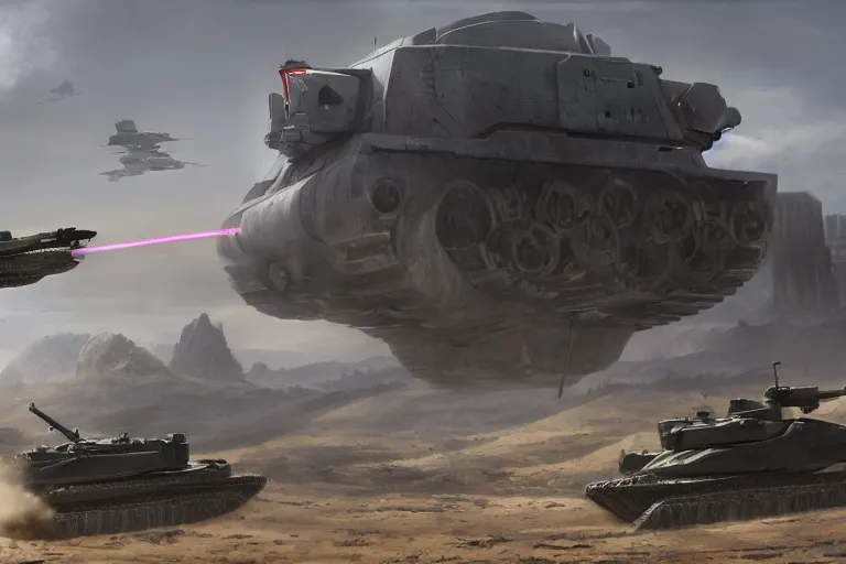 Image similar to tank battle, soldiers, lasers, science - fiction, beautiful matte painting,, unreal engine, artstation.