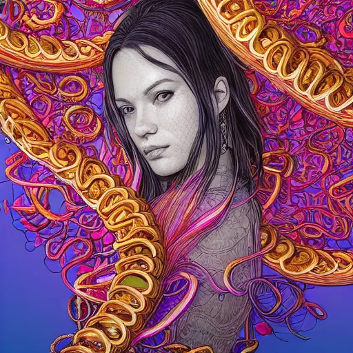 Image similar to the portrait of a ridiculously beautiful and elegant woman partially made of onion rings of all colors, an ultrafine detailed illustration by james jean, final fantasy, intricate linework, bright colors, behance contest winner, vanitas, angular, altermodern, unreal engine 5 highly rendered, global illumination, radiant light, detailed and intricate environment