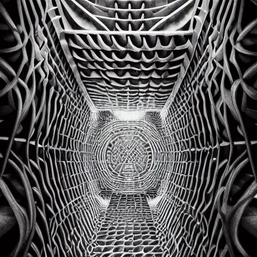 Image similar to collapsing tunnels cascading into echoes of octagon patterns, stuttering squares, staircases that go to infinity, reflection pool, dreamscape, lost, x - files, giger, escher, loish, twilight zone, chaos, mtg, labyrinthine, maze