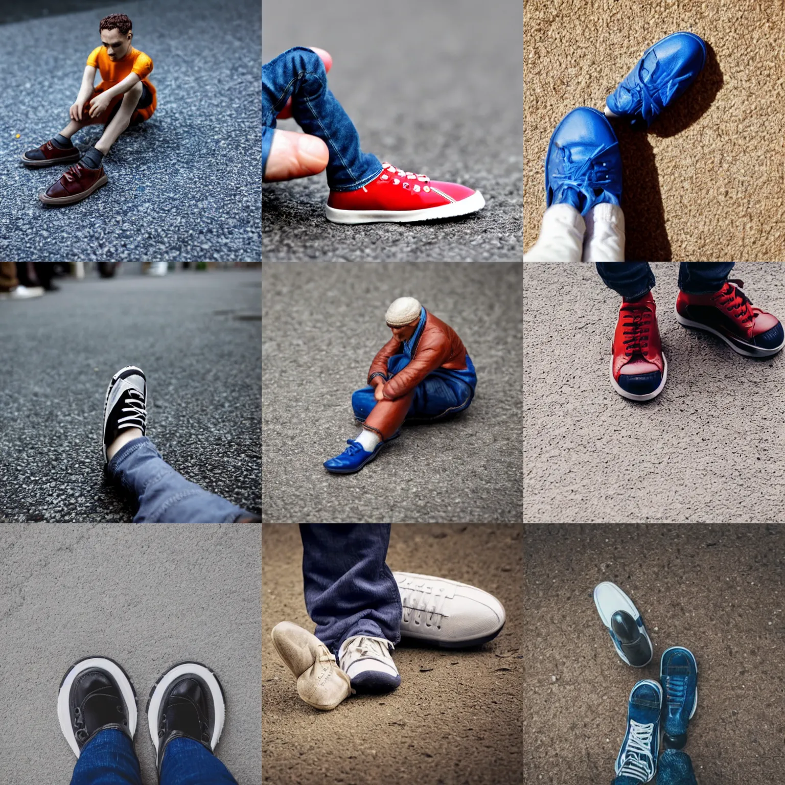 Prompt: a miniature man sitting on the ground next to a shoe, a stock photo by victorine foot, trending on shutterstock, creative commons attribution, stockphoto, stock photo