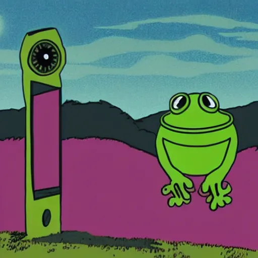 Prompt: ufo abducting pepe the frog in pasture. 1 0 0 0 mm, precisionist, minimalist, studio lighting. commercial quality. sci fi grunge, parts by patrick nagel, parts by virgil finlay