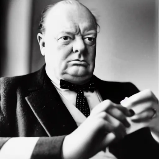 Image similar to A black and white photograph, circa 1940s, of Winston Churchill looking down at his smartphone