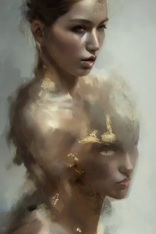 Image similar to girl portrait painting by ruan jia, Kenneth Willardt, ross tran, WLOP, Andrei Riabovitchev, gold, harper's bazaar, vogue, magazine, concept art, ornate, luxury, elite, elegant, trending on artstation ,