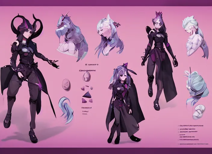 Prompt: character sheet for a beautiful and cute girl for genshin impact by greg rutkowski, black to light pink fade hair, genshin impact style, overwatch style, sorcerer magic witch, digital art, trending on artstation, hd, 8 k, highly detailed, good lighting, beautiful, masterpiece