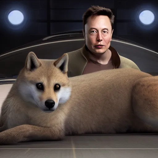 Prompt: Elon Musk with doge body, realistic artstyle, wide shot, dramatic lighting, octane render, hyperrealistic, high quality, highly detailed, HD, beautiful, cinematic, 8k, unreal engine, facial accuracy, symmetrical