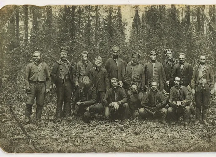 Image similar to tintype photo of a group of men after a successful hunt in the forest, standing over a deceased sasquatch