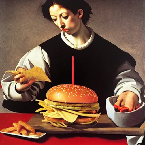 Prompt: mcdonalds big mac value meal advertisement, painting by caravaggio