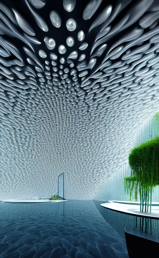 Image similar to villa parametric architecture fluid design, vincent callebaut well - defined style, ultra detailed, monochromatic, natural volumetric lighting, generative art nebula, cinematic, photo realistic, hyper real, surreal design, flow everywhere, walls made of crystal clear water, black metal, magnesium, 8 k,