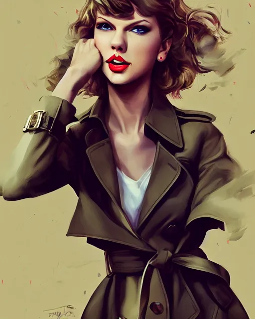 Prompt: taylor swift wearing fashionable trench coat, jesper ejsing, artgerm, petros afshar, tom whalen