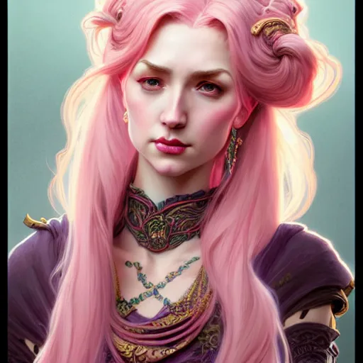 Image similar to aristocrat scowling, female, d & d, fantasy, intricate, elegant, highly detailed, pink hair, digital painting, artstation, octane render, concept art, matte, sharp focus, illustration, hearthstone, art by artgerm, alphonse mucha johannes voss