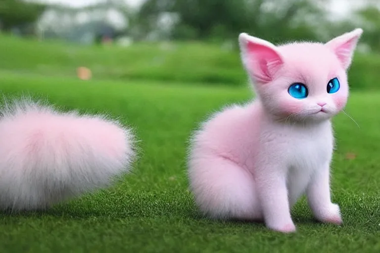 Image similar to real life mew pokemon, cute!!!, heroic!!!, adorable!!!, playful!!!, chubby!!! fluffly!!!, happy!!!, cheeky!!!, mischievous!!!, ultra realistic!!!, spring time, slight overcast weather, golden hour, sharp focus