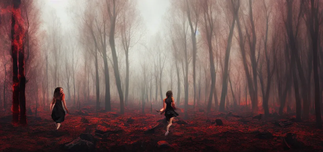 Image similar to a young woman running from a burning forest, red fog on the ground, Bleak. big stones, Dark mood. Mysterious. Doom. Realistic painting. photobashing, matte painting, highly detailed,