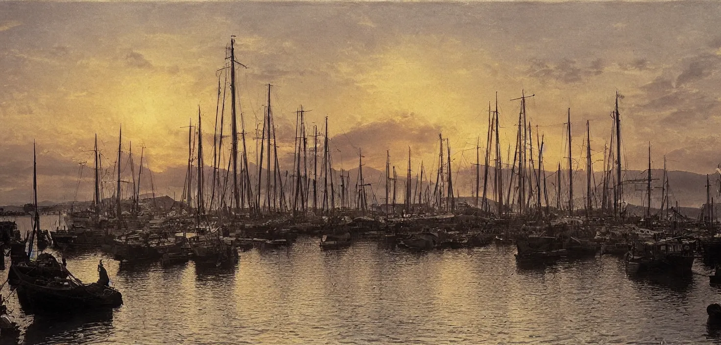 Image similar to beautiful sunset over a busy shipyard, trogir golden hour, 1 9 0 0 s photograph