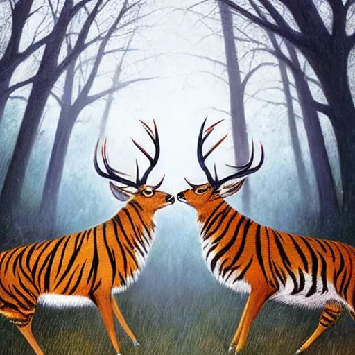 Image similar to a painting of deer and tiger facing each other, their heads bowed towards ground by esao andrews