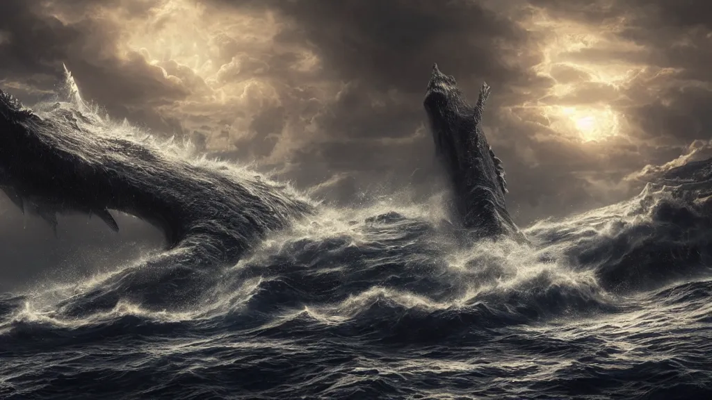 Image similar to A leviathan rising out of a stormy sea, concept art, matte painting, 8k, highly detailed, artstation