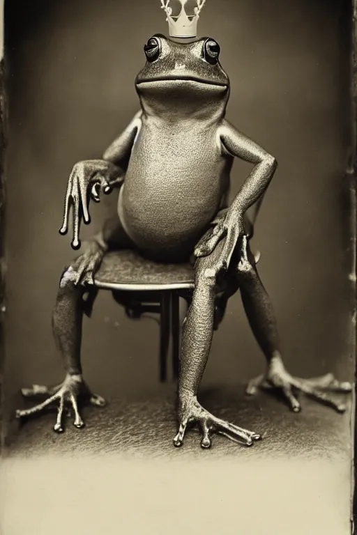 Image similar to a wet plate photo of an anthropomorphic frog sitting on a throne wearing a crown