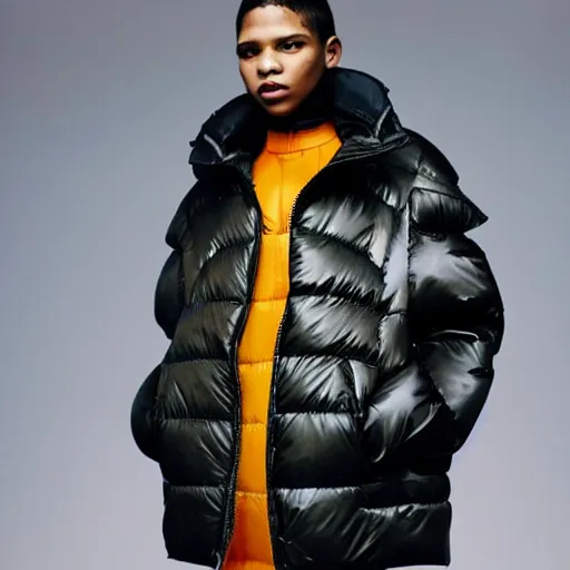 Prompt: realistic photoshooting for a new balenciaga lookbook color film photography of a beautiful woman model, model wears a puffer jacket, photo in style of tyler mitchell, ssense