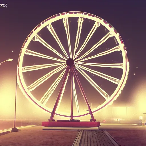 Image similar to one ferris wheel at night in an empty parking lot, hyperrealistic, concept art, octane render, unreal engine 5, trending on artstation, high quality, highly detailed, 8 k hdr, soft lighting, path traced, starry background, bloom, high coherence, symmetrical, high contrast, digital art, serene landscape, cinematic