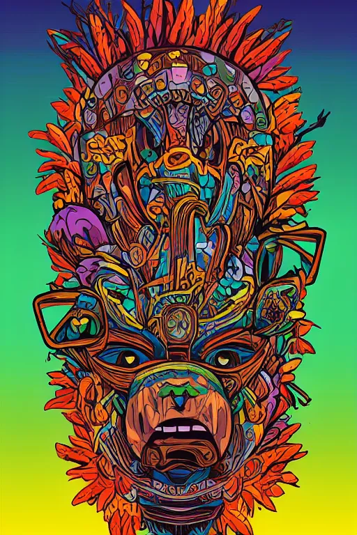 Image similar to animal mask totem roots flower tribal feather gemstone plant wood rock shaman vodoo video game vector cutout illustration vivid multicolor borderlands comics by josan gonzales and dan mumford radiating a glowing aura