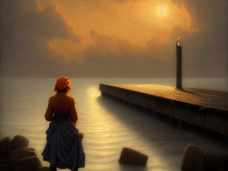 Prompt: a woman standing on a forgotten wharf on a cold sea by rob gonsalves and roberto ferri and julie bell and ruth deckard and hubert robert, crisp details, hyperrealism, high detail, high contrast, low light, grey mist, cobblestones, orange candle flames