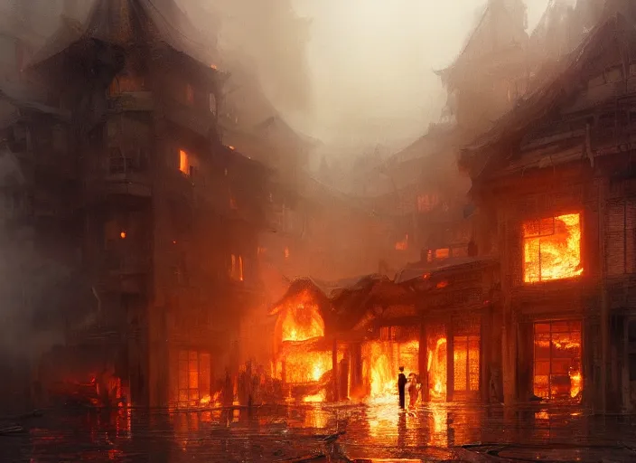 Prompt: the rich golden house burns in fire, volumetric lighting, digital painting, highly detailed, artstation, sharp focus, illustration, concept art, ruan jia, steve mccurry, amazing composition