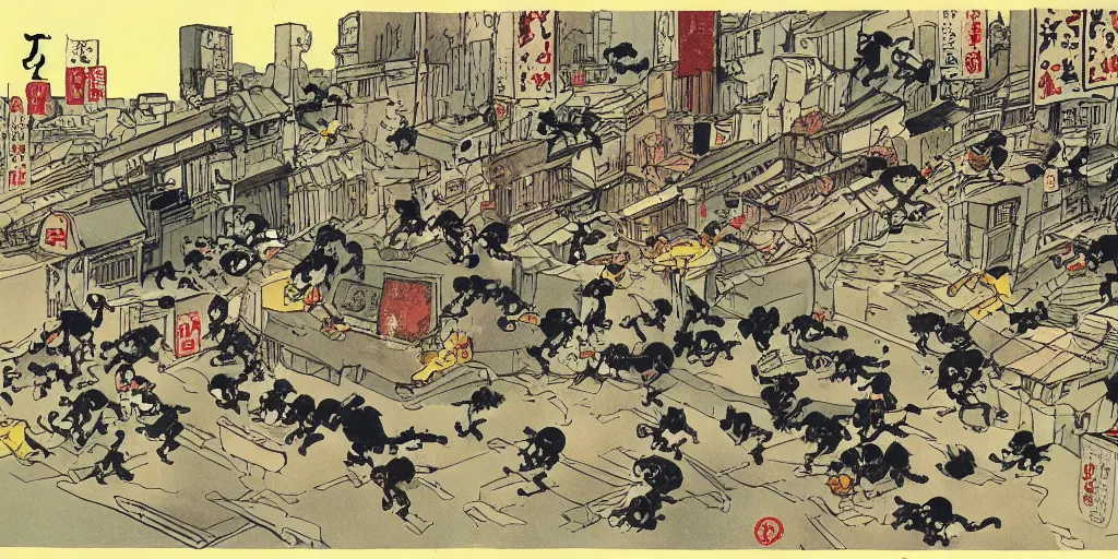 Prompt: a tight shot of a dozen monkeys attacking a city in Japan by Ashley Wood, rule of thirds