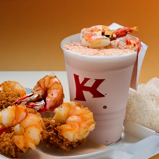 Prompt: a kfc milkshake next to a shrimp wearing a dress, on a beautiful plate, food photography, studio lighting, hyper realistic, sharp focus, hyper - detailed, 8 k resolution