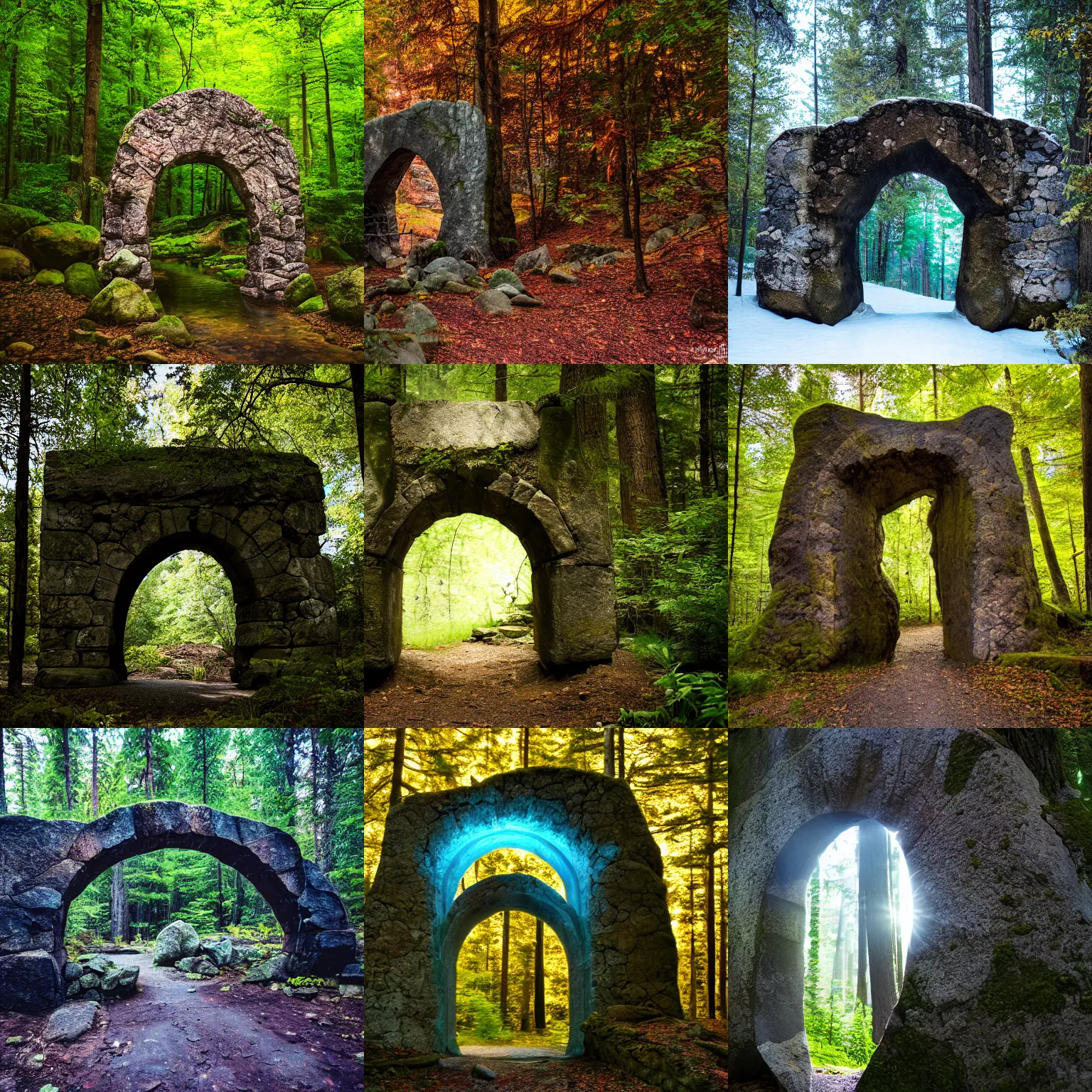 Prompt: Stone arch in the forest with a glowing magical portal in the center, taken with Sony a7R camera