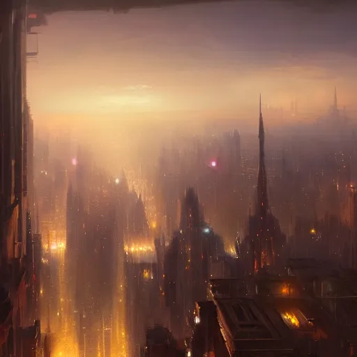 Image similar to Concept art, beautiful painting of a metropolis city, shining its light among stars, 8k, james gurney, greg rutkowski, john howe, artstation