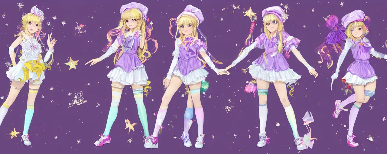 Prompt: A character sheet of full body cute magical girls with short blond hair wearing an oversized purple Beret, Purple overall shorts, Short Puffy pants made of silk, pointy jester shoes, a big billowy scarf, and white leggings. Rainbow accessories all over. Fancy Dress, Lolita Fashion, Golden Ribbon, Flowing fabric. Covered in stars. Short Hair. Art by william-adolphe bouguereau and Paul Delaroche and Alexandre Cabanel and Lawrence Alma-Tadema and Johannes Helgeson and WLOP and Artgerm. Fashion Photography. Decora Fashion. harajuku street fashion. Kawaii Design. Intricate, elegant, Highly Detailed. Smooth, Sharp Focus, Illustration, Photo real. realistic. Hyper Realistic. Sunlit. Moonlight. Dreamlike. Fantasy Concept Art. Surrounded by clouds. 4K. UHD. Denoise.
