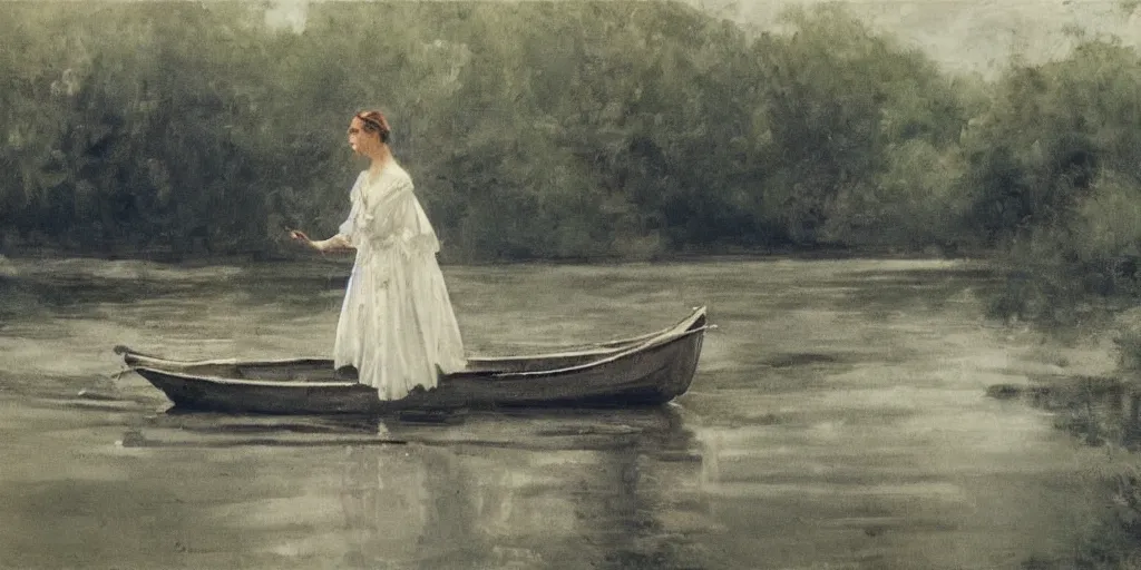 Image similar to a woman wearing a white dress in a row boat on a calm lake with a forest in the background, in the style of anders zorn