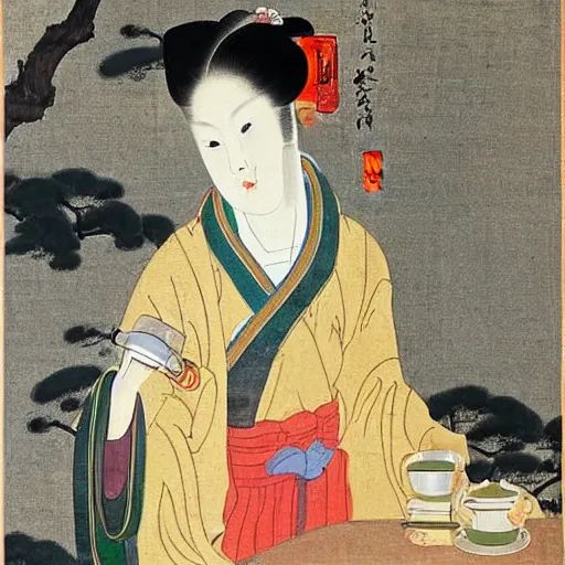 Prompt: the Chinese ancient painting of a lady drinking a beer in Tang Dynasty , by Han Xizai