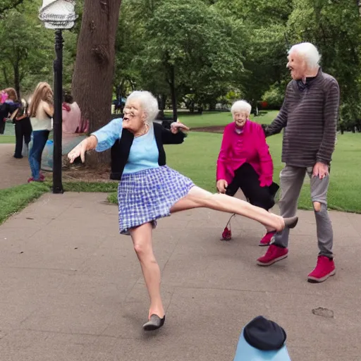 Image similar to taylor swift tripping old people in the park