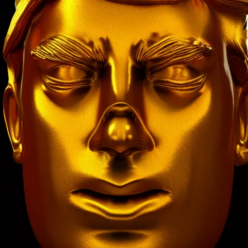 Prompt: melting gold bust of donald john trump, his face melting with molten metal drips, golden lava, ground angle, unreal engine octane render, uhd 8 k, sharp focus