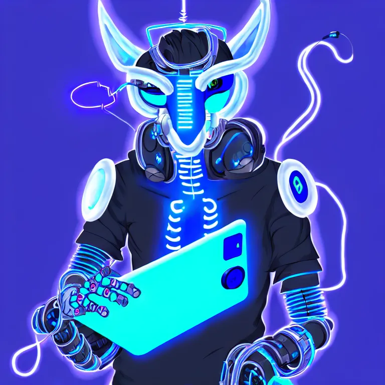 Image similar to an anthropomorphic male blue dragon fursona wearing a cybernetic suit, headphones on his head, laptop, cyberpunk, furry, vivid saturation, digital art, soft lighting