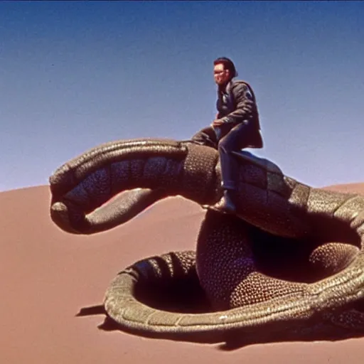 Prompt: A still of Agent Cooper from Twin Peaks riding a giant sandworm in Dune (1984)