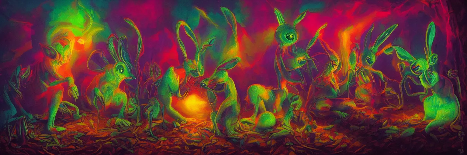 Image similar to strange alien bunny creatures from the depths of the collective unconscious, dramatic lighting, surreal darkly colorful painting by ronny khalil