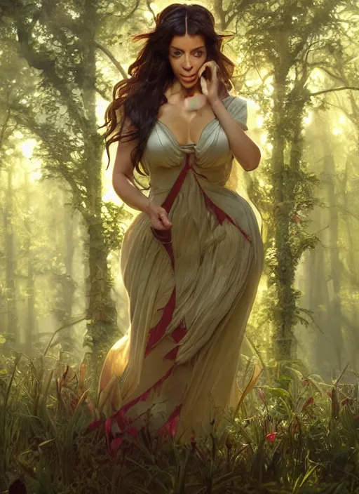 Prompt: Kim Kardashhian as a elf on a beautiful lush forest meadow, afternoon, art by Artgerm and Greg Rutkowski and Alphonse Mucha, DAZ, hyperrealistic, ambient light, dynamic light, vray