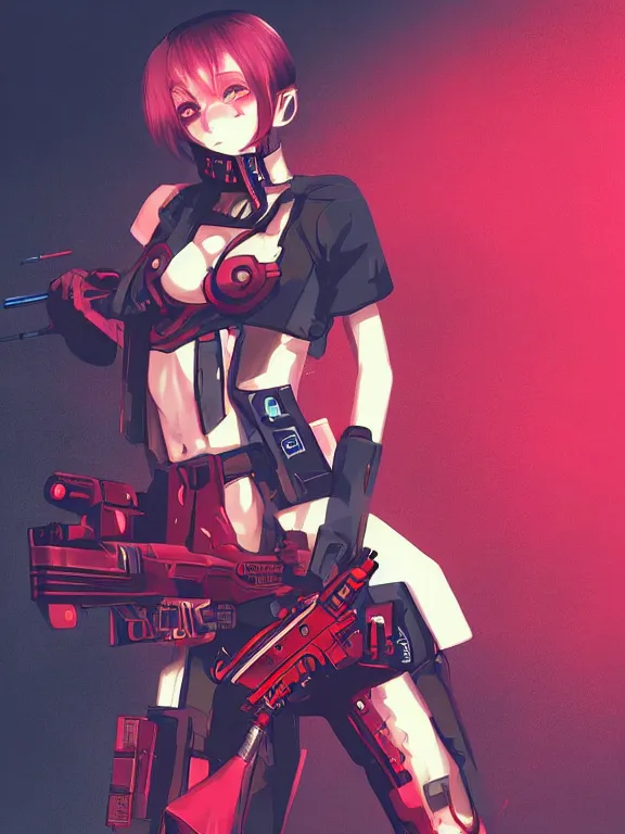Image similar to a female character with a gun and a red background, cyberpunk art by muqi, featured on pixiv, rayonism, sci - fi, pixiv, official art