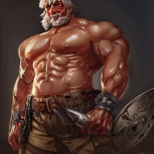 Image similar to portrait of a uncle sam barbarian, muscular, wild, upper body, d & d, fantasy, intricate, cinematic lighting, highly detailed, digital painting, artstation, concept art, smooth, sharp focus, illustration, art by hajime sorayama