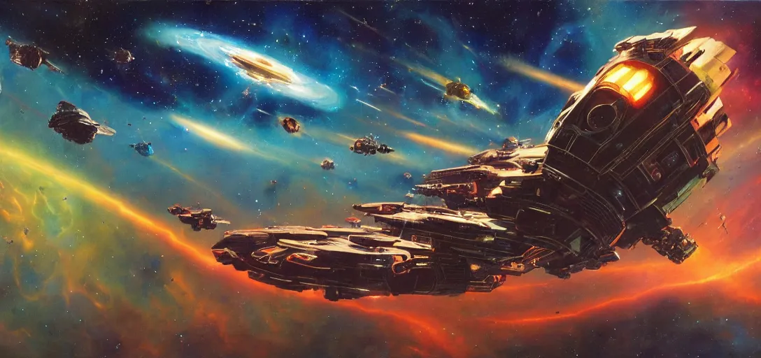 Image similar to a giant starship mothership surrounded by a spaceship battle across the oil painted nebula, lasers in mid flight, by chris foss, syd mead, ralph mcquarie, art station, high detail, award winning, psychedelic and glittering, cinematic composition