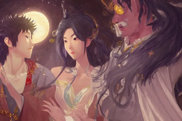 Image similar to close up moment of a divine a japan sun god and a moon goddess lovers magician at a wedding banquet, highly detailed, d & d, fantasy, 4 k realistic, digital painting, trending on artstation, concept art, sharp focus, illustration, art by makoto shinkai and akihiko yoshida and daniel gerhartz