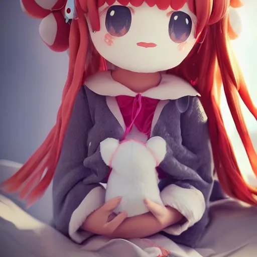 Image similar to cute fumo plush of a girl with a big heart, hair blocking eyes, twee, stylized pbr glinting, blob anime, bokeh, vray