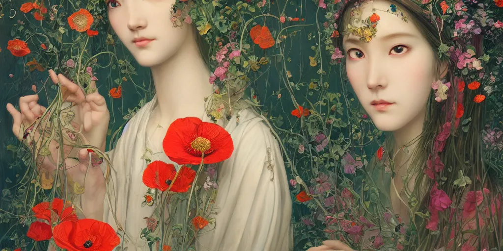 Image similar to breathtaking detailed concept art painting of the goddess of poppy flowers, orthodox saint, with anxious, piercing eyes, ornate background, amalgamation of leaves and flowers, by hsiao - ron cheng and john james audubon and miho hirano, extremely moody lighting, 8 k