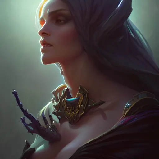 Image similar to Necromancer, female, closeup, D&D, fantasy, intricate, elegant, highly detailed, digital painting, artstation, concept art, matte, sharp focus, illustration, hearthstone, art by Artgerm and Greg Rutkowski and Alphonse Mucha